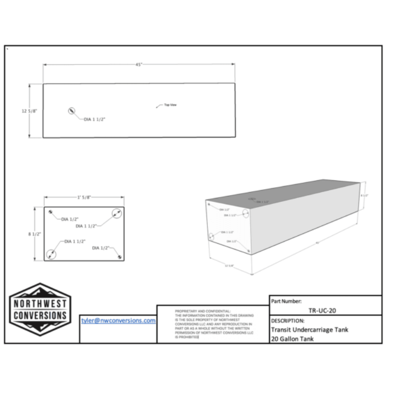 NW Conversions 20 Gallon Driver Side Transit Undercarriage Water Tank (TR-UC-20) - Out There Vans