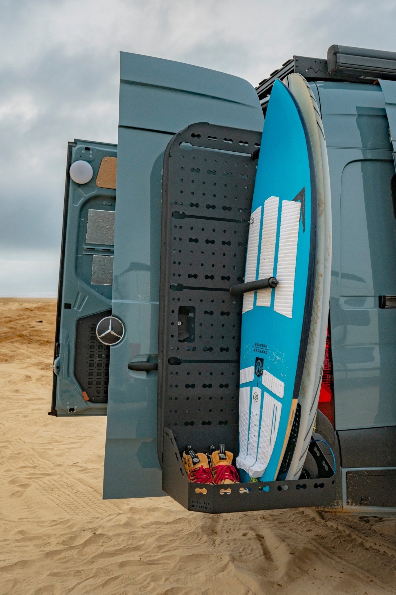 White Top Adventures Sprinter Rear Door Atlas Storage Rack | Passenger Side - Out There Vans
